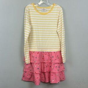 NWOT Hanna Anderson Striped Yellow With Pink Bird Print Ruffle Dress Sz 130/ 8